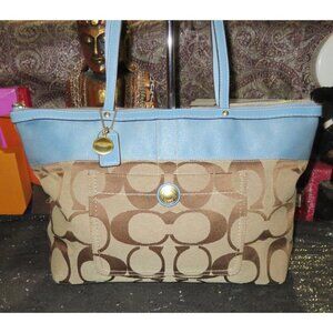 Coach 2007 Cursive Creed Limited Edition Signature Stripe Canvas & Leather Tote